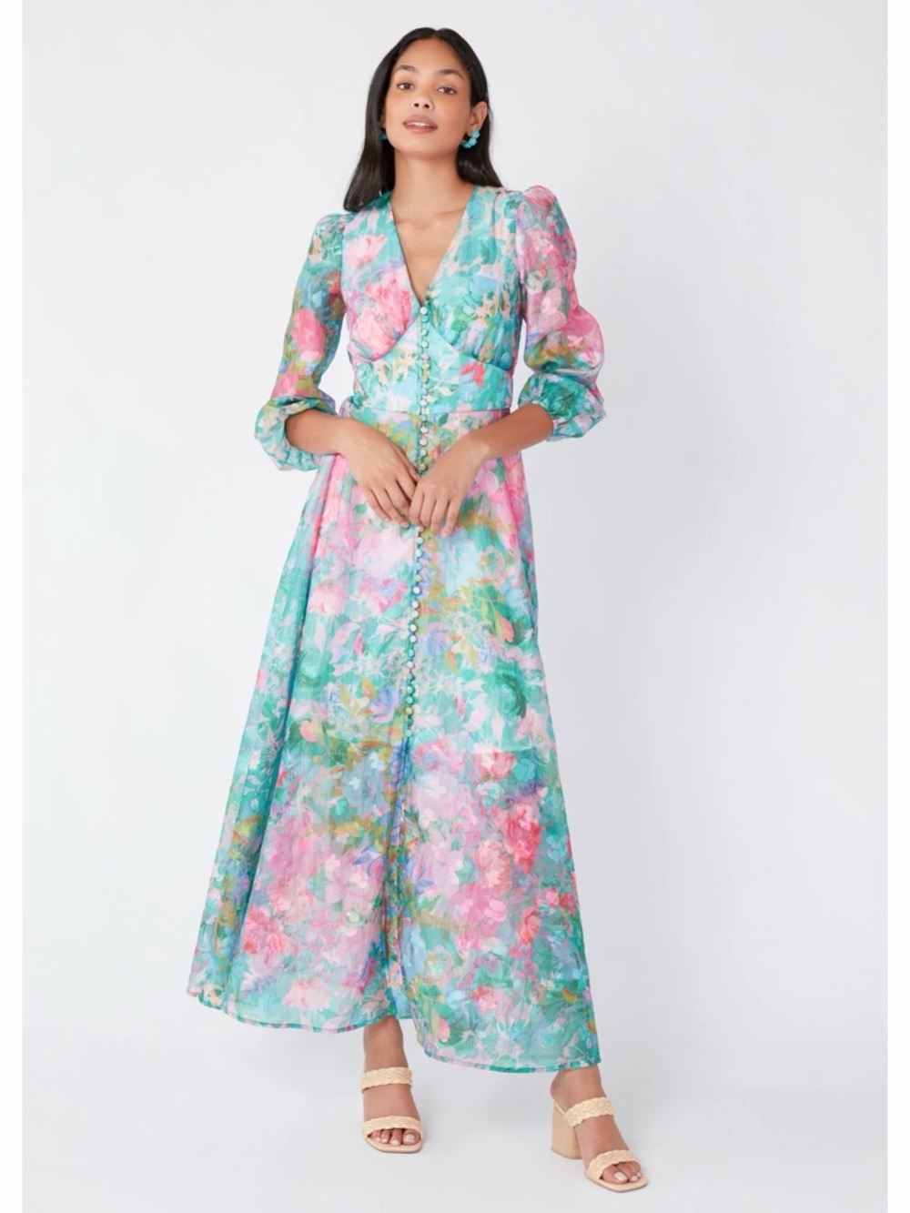 NWT Abbey Glass Brooke Gown Vivid Bloom Watercolor Cloud Organza Formal Dress